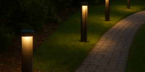 Ein geschwungener Gartenweg aus grauen Pflastersteinen, gesäumt von einem gepflegten Rasen und modernen schwarzen Bodenleuchten, die ein warmes, goldenes Licht ausstrahlen